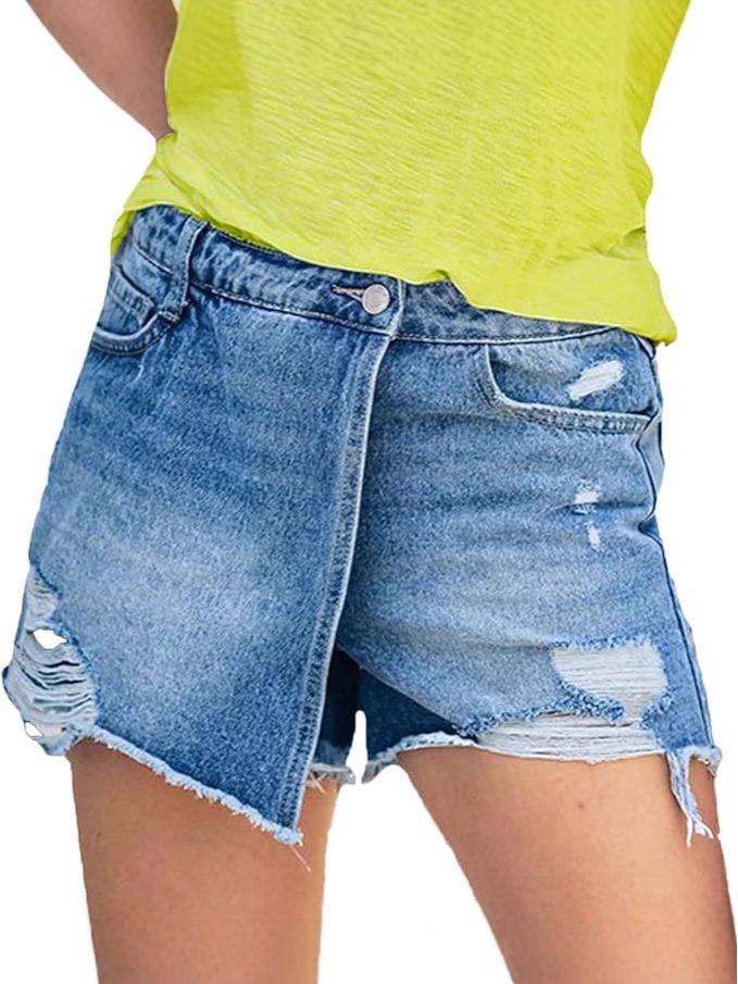 2025 European Summer Casual Denim Skirt with Ripped Detail in Light Blue