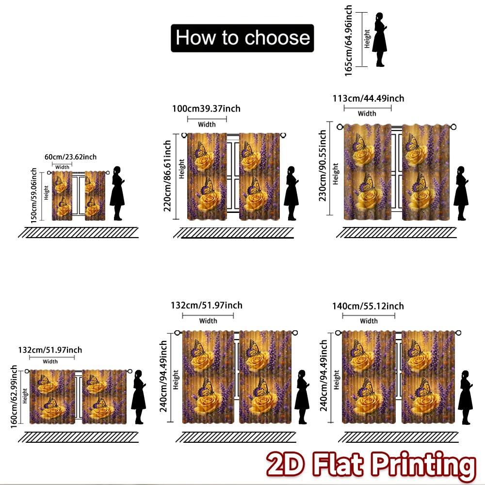 2D flat printing 2pcs Curtain Drapes Butterflies on Yellow Roses Digital Printed Polyester Drapes Festive Wall Decor Perfect for