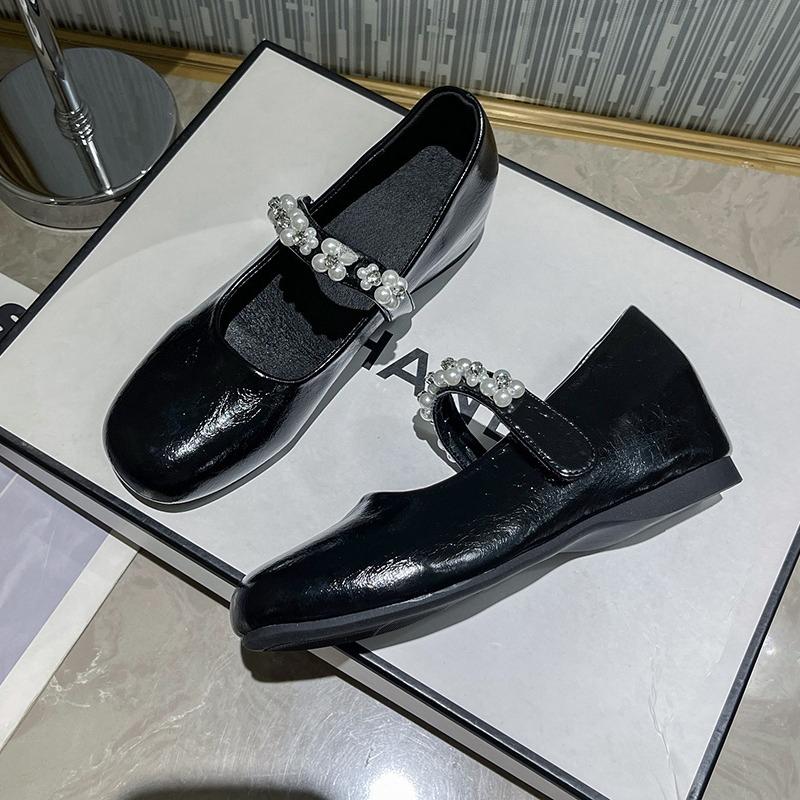 Fashion Inside Heightened Flat Single Shoes Autumn New Round Toe Shallow Slip Rhinestone Pearl Soft Sole Non-Slip Low Top Shoes