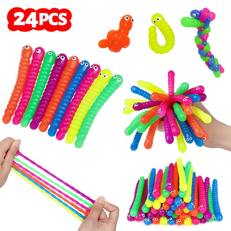 12/24Pcs Colorful Soft Caterpillars Fidget Toy Stretch String TPR Rope Kids Birthday Party Favors Pinata Filler Halloween Gifts