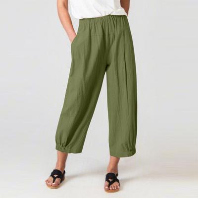 Women's Linen-Cotton Cropped Pants, Wide-Leg Pants, Harem Pants, Casual Trousers, High-Waisted