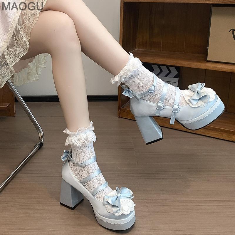 Beige Lolita Shoes Platform Chunky Heels Kawaii Sweet High Heel Pumps Round Toe Lace Bowknots Mary Jane Shoes Zapatos De Mujer