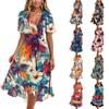 Women's Fashion Casual V Neck Short Sleeve Ruffled Vintage Printed Dresses