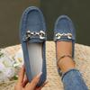 Office Preparation  Ladies' Fashion One Step Leg Loafers - Soft Soled, Casual Denim Blue Flat Shoes with Decorative Metal Buckles, PU Veneer Upper