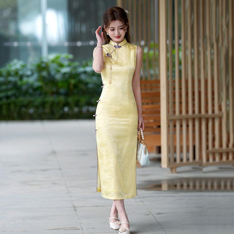 Yellow sleeveless national style new Chinese long improved cheongsam new young girl retro slim summer S