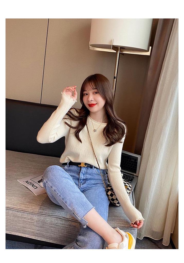 Women's Slim-Fit Ruffle Long Sleeve Knit Top for Spring and Autumn
