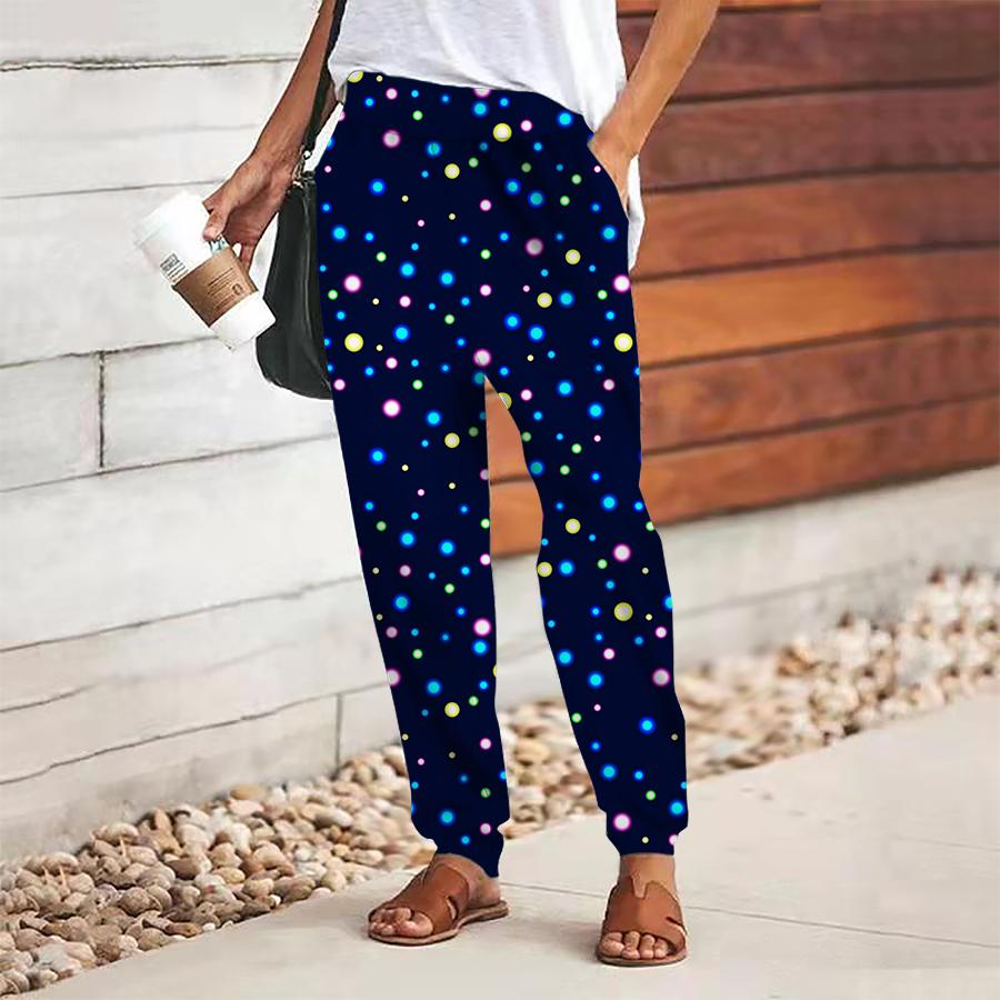 Women Polka Dot Printing Pants Lace Up Elastic Waist Loose  Trousers Casual Long Pants Trousers with Pockets