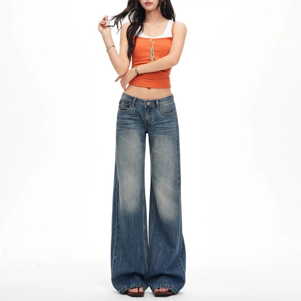 New American crease design jeans women's low-rise Spice Girls loose and versatile and thin wide-leg straight trousers