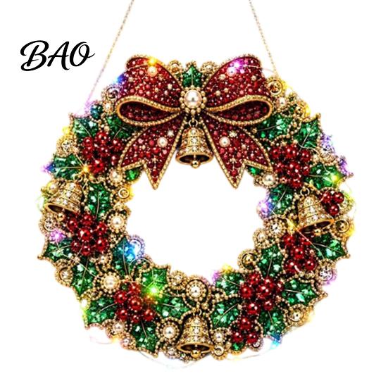 Festive Door Hanging Ornament DIY Acrylic Christmas Faux Pearl Art Kit, Lighted Wreath 3D Beaded Craft Mantelpiece Kit with LED String Light, Beginner