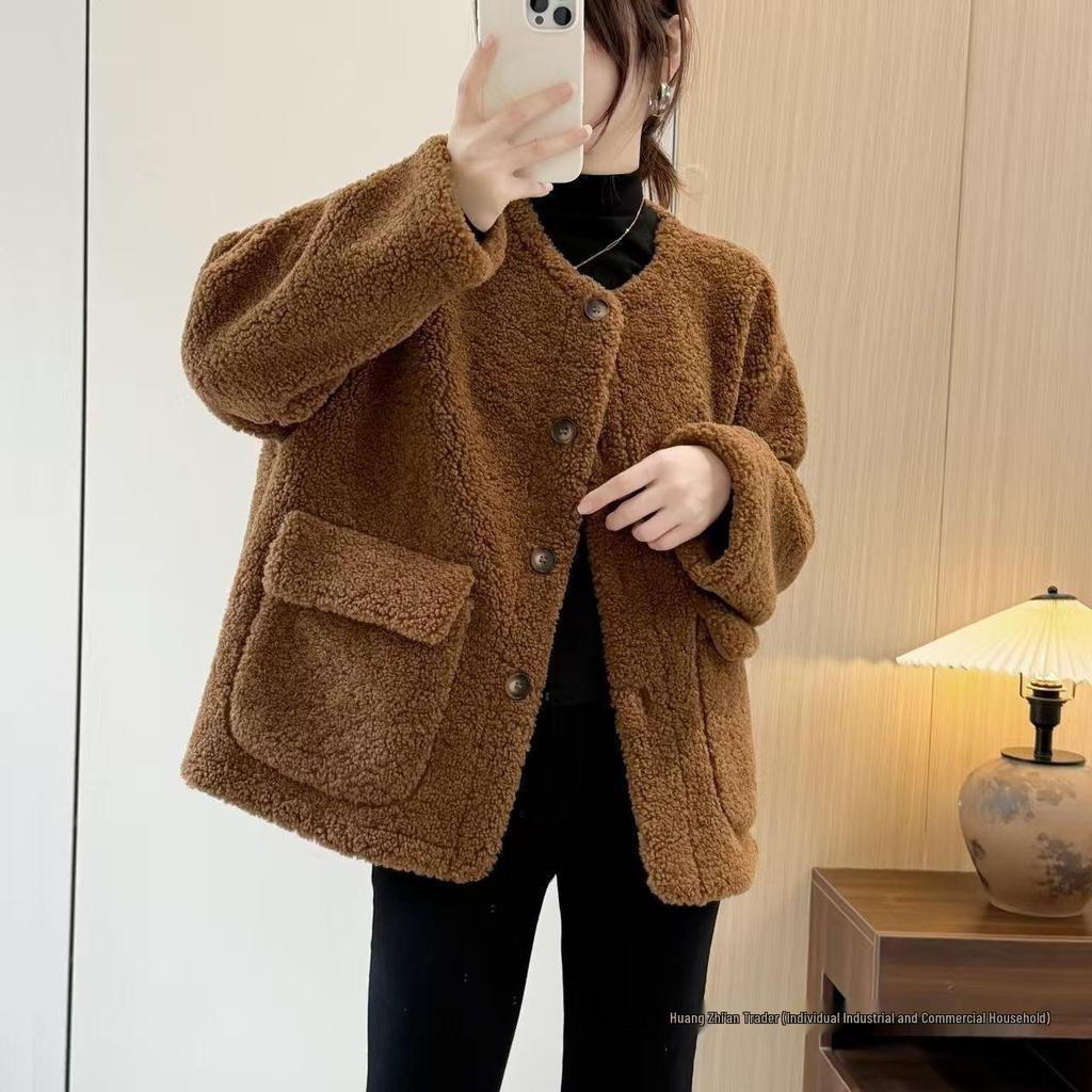 Women's Shearling Coat 2025 Autumn/Winter: Versatile Korean Style, Age-Reducing Loose Fit, Round Neck Top