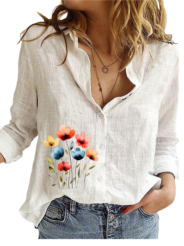 Women Fashion Cotton Linen Blouse Ladies Casual Loose Top Ladies Print Long Sleeve Shirt