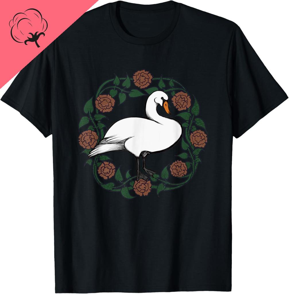 Swan Art Roses Wreath Designs Cute Swans TShirt Print on Demand Cotton Couple Kawayi Vintage T Shirt  Mens T Shirt Ropa Hombre
