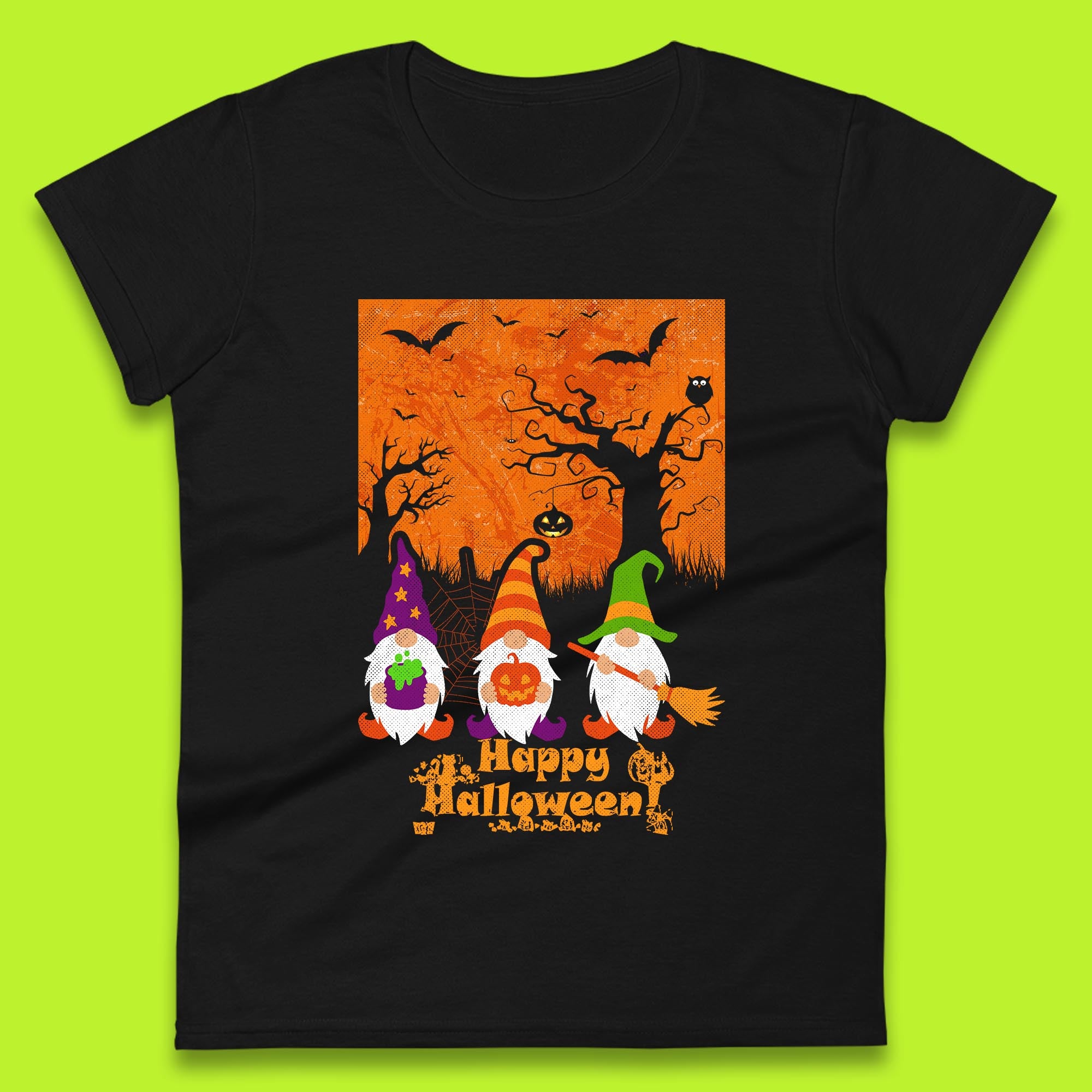 Happy Halloween Gnomies Spooky Witch Gnomes Scary Halloween Trees Gnome Lover Womens Tee T Shirt Mens Tops Unisex Top M