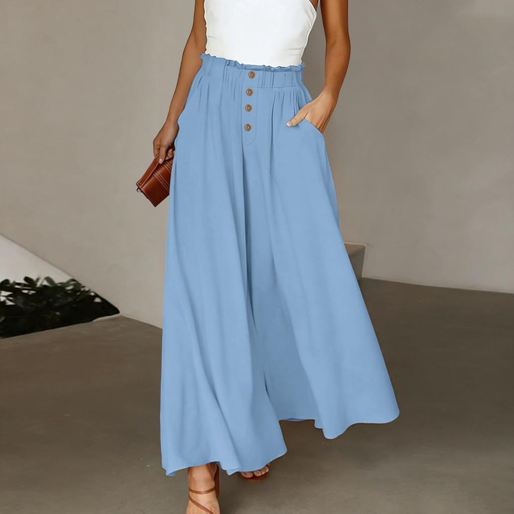 Linen Casual Wide Leg Pants For Women Elastic Waist Versatile Business Casual Work Palazzo Trousers With Pockets