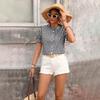 Women Casual Button Down Shirt Short Sleeve Round Neck Plaid Checkered Blouse Lightweight Summer Top