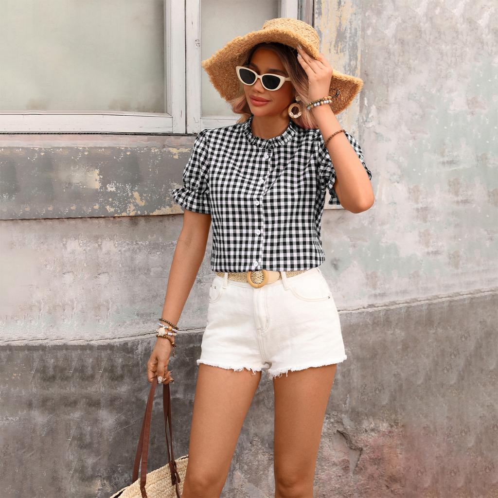 Women Casual Button Down Shirt Short Sleeve Round Neck Plaid Checkered Blouse Lightweight Summer Top