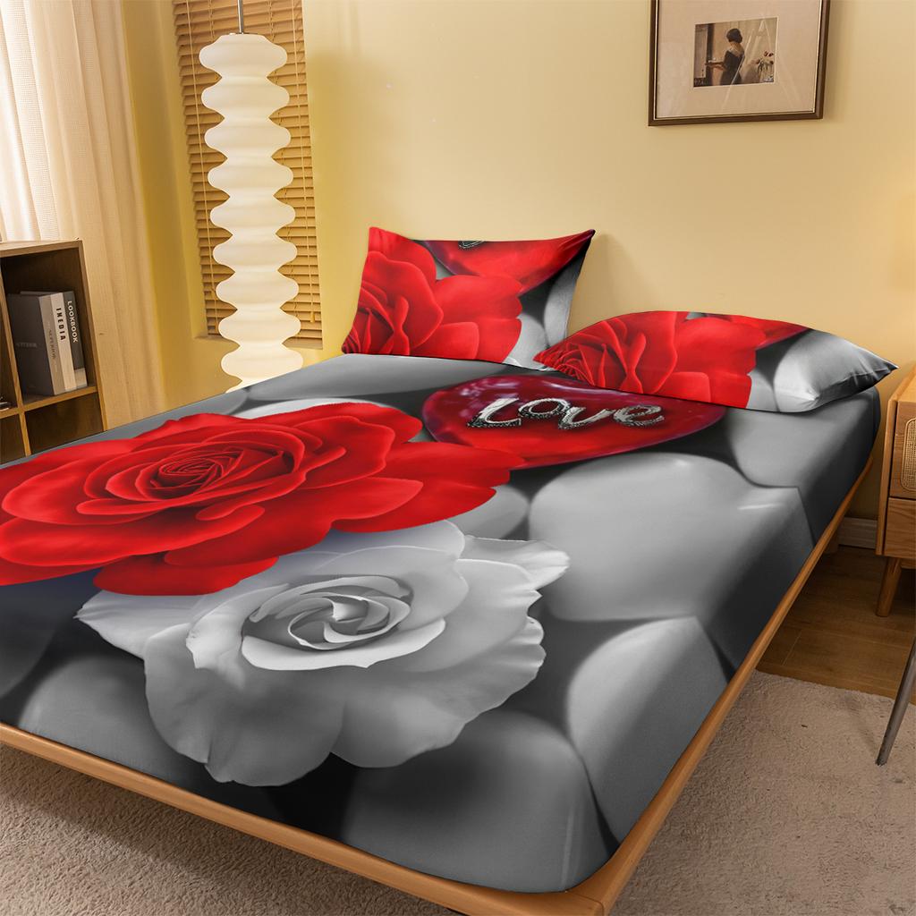 1 Simple modern Plant Flower Red Rose digital printed frosted Fitted Sheet,bedroom printed bed cover,bedding(No pillowcase)