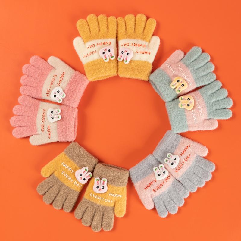 Xuehuaxiu Children's Thermal Gloves Kindergarten Finger All-inclusive Gloves Knitted Jacquard Cute Rabbit Five-finger Gloves