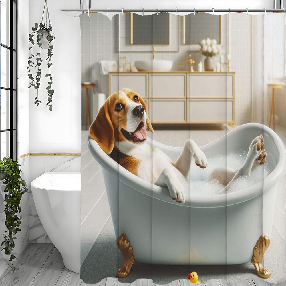 Cute Dog Lying In Bathtub Shower Curtain, Bathroom Decorative Shower Curtain, Waterproof Shower Curtain with Hooks