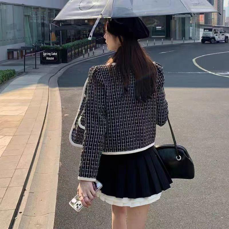 2024 Spring Women's Houndstooth Chic Single-Breasted Long-Sleeve Cardigan Jacket