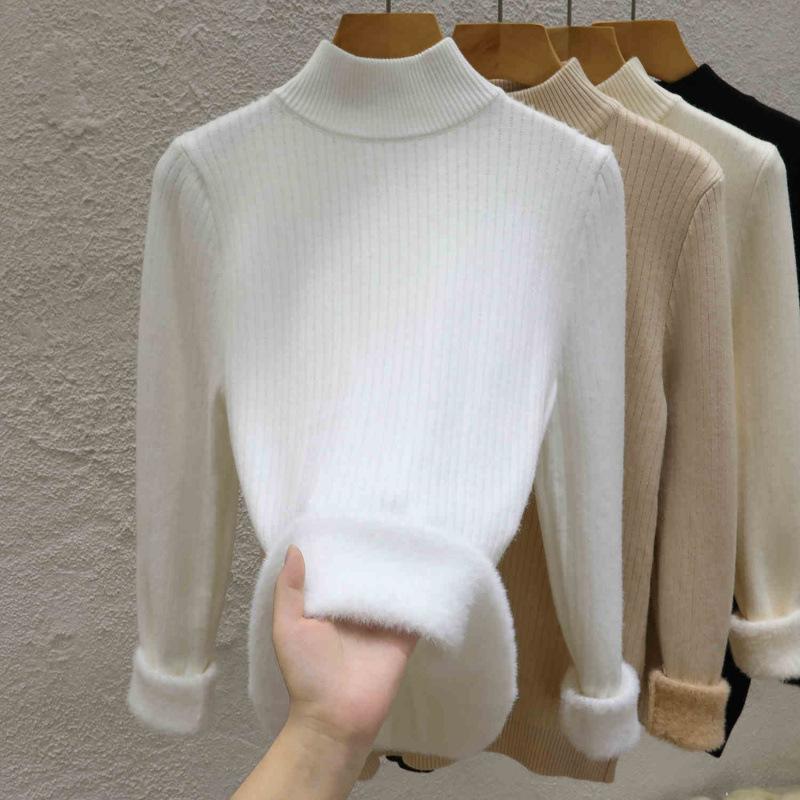Semi-turtleneck Sweater Women's Thickened Fleece Knitted Bottoming Shirt Autumn and Winter New Integrated Fleece Top