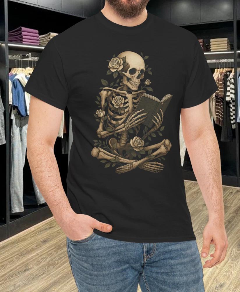 Skeleton Reading Flowers Creepy Halloween Black TShirt S