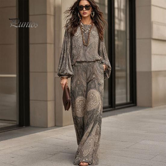 Atmungsaktive Stoffkleidung Boho-Print 2-teilige Sets für Damen, Lässiges Langarm-Oberteil Figurschmeichelndes Outfit für Birnenform, Weite Hosen Passende Sets, Sommer