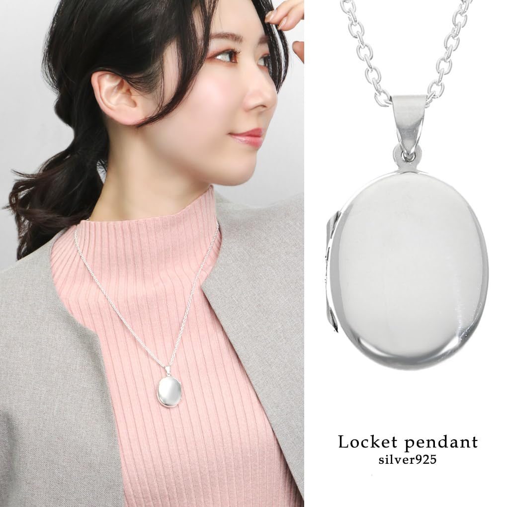 Gin No Oval Plain Locket Necklace with Sterling Mirror White Photo Perfect for Carrying and Pets [Shinjuku Kura] Chain, Silver, Simple, Finish, Oval,
