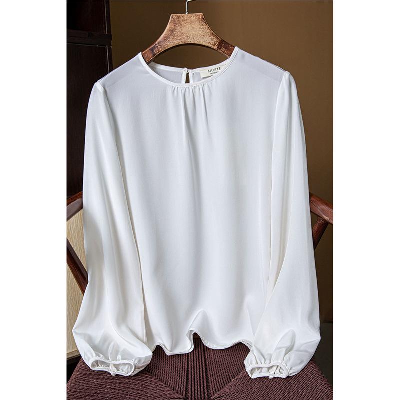 

Французская элегантность Блузка из шелка тутового дерева с круглым вырезом - Омолаживающий свободный стиль Medium слоновая кость/белый