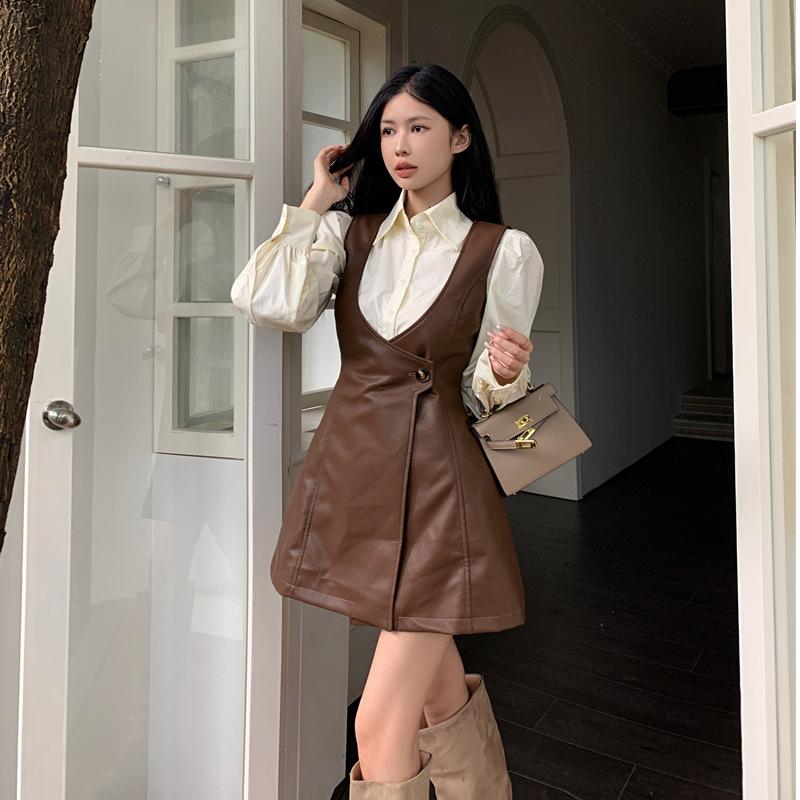 French Retro British Style Two-piece Set Autumn New Fashion Versatile Shirt Top Vest Dress
