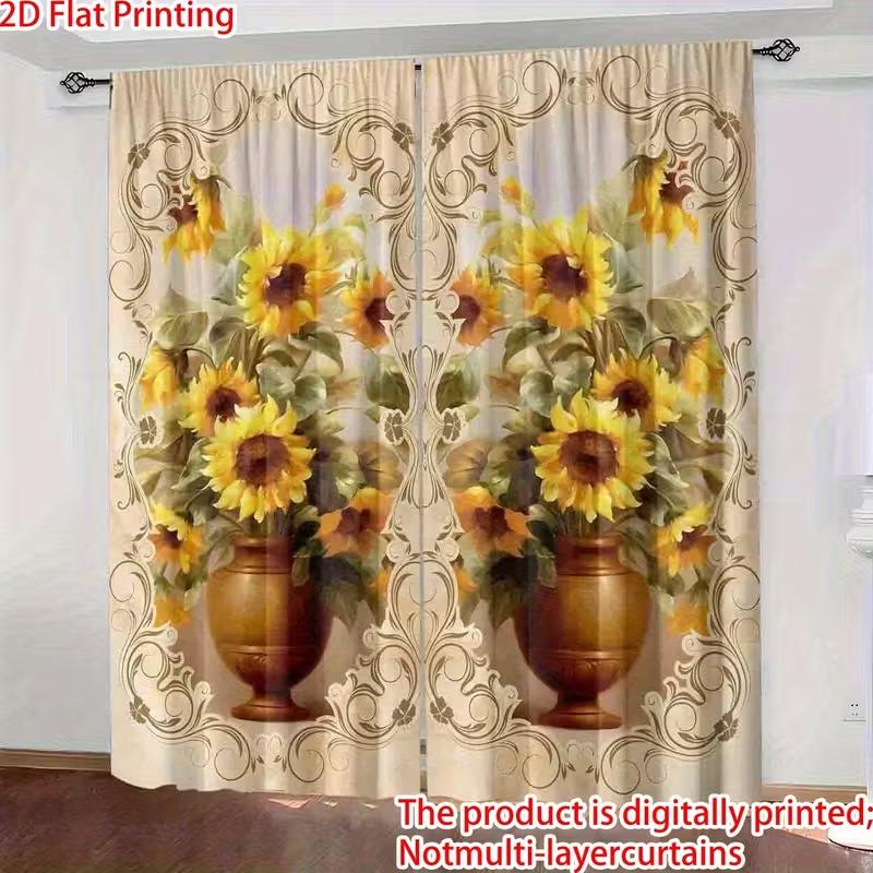 Vibrant Vase Sunflower Curtains Digital Print Privacy Polyester Living Bedroom Window Vintage Home Curtain Set Of 2 Farmhouse Made With Rod Pocket