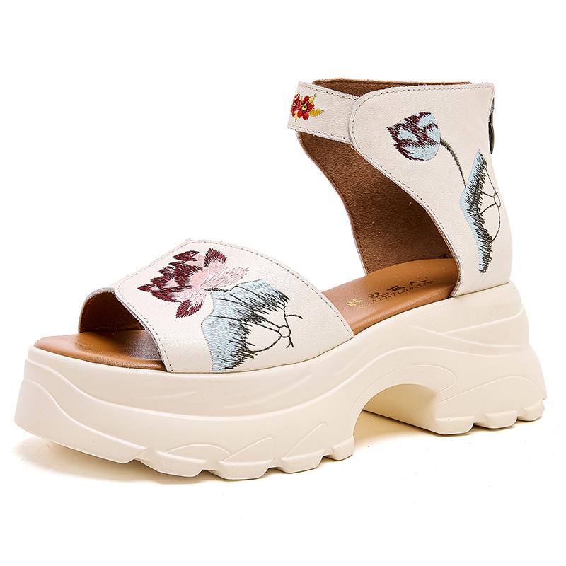 Mode GKTINOO Retro Sandalen mit dicker Sohle 2025 Neu Echtleder Keilabsatz Bestickt Bequeme Dicke Sohle Damenschuhe