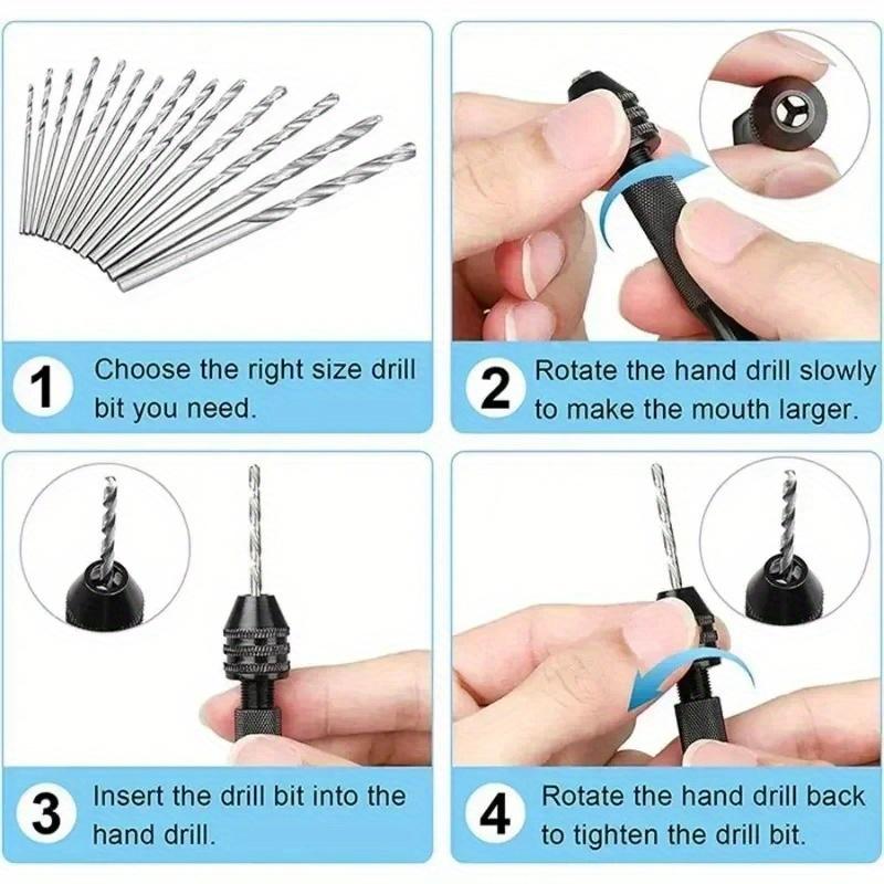 Mini Tool Set with 0.8-3mm Black Hand Twist Drill 10Pc Fried Dough Twists Drill for Woodworking Drilling Rotary Wood Holes Tools