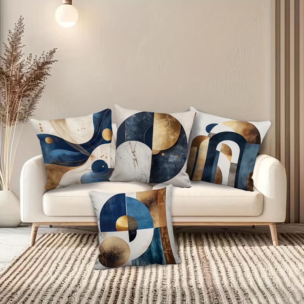 4pcs Linen Pillow Covers 45x45cm Abstract Art Cushion Cases Blue Gold Marble Geometric for Sofa Bed Decor Zipper Closure