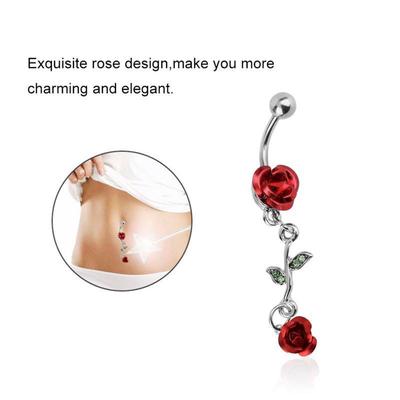 Piercing Jewelry Rose Red Flower Rhinestone Dangle Belly Navel Ring Barbells Bar Button Ring
