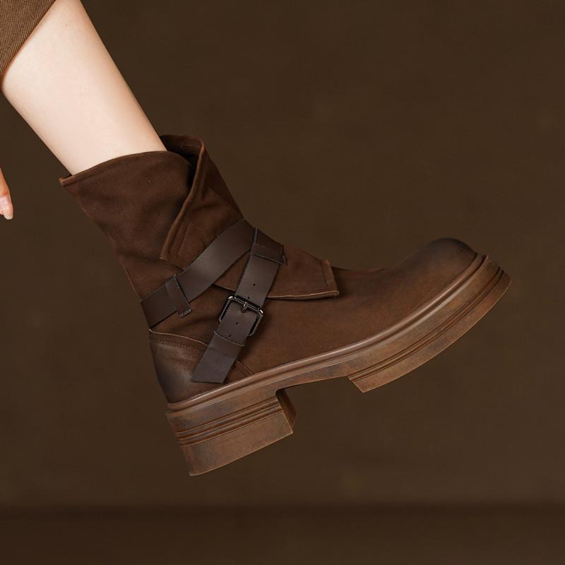 Herbst und Winter Weiches Leder Seitlicher Reißverschluss Dicke Sohle Damen Dicke Absätze Französische Retro Kurze Stiefel