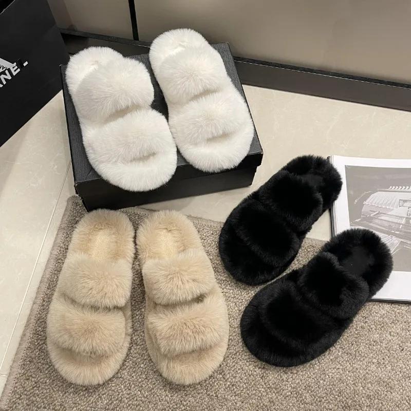 Fashion Winter Fluffy Slippers Women 2025 New House Home Fur Slippers For Women Flat Platform Cozy Fuzzy Indoor Shoes Slides