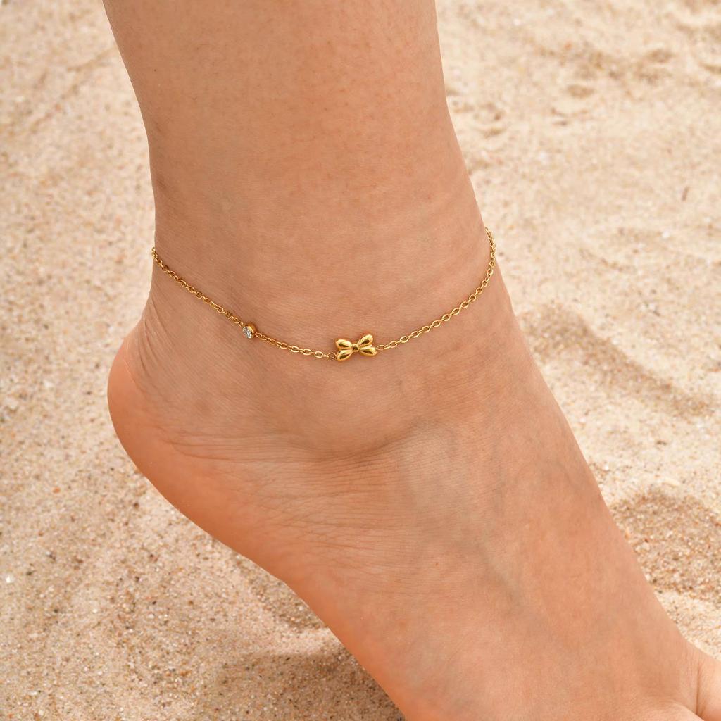 Wind Ladies Vacation Wind Stainless Steel Flat Cross Chain Bow Zircon Anklet Necklace Jc-238