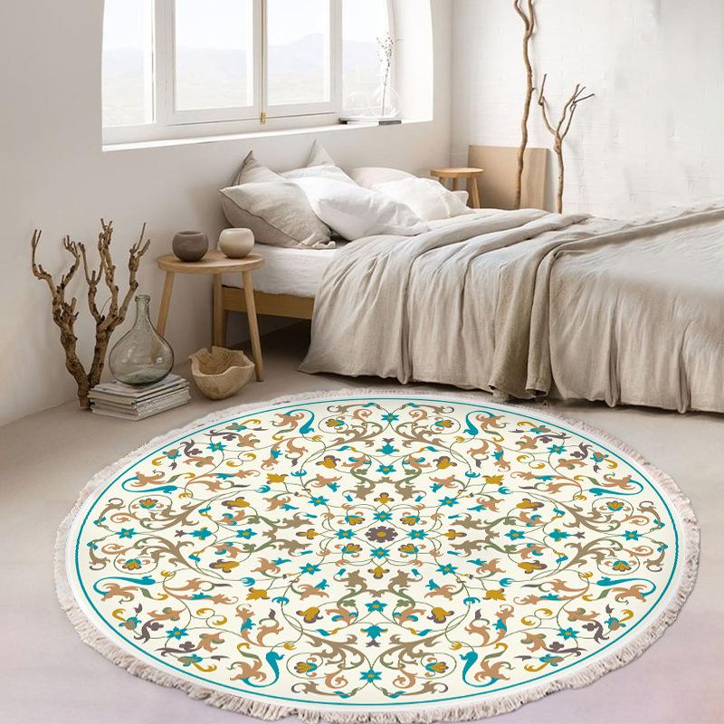 Nordic Cotton and Linen Home Leisure Non-slip Fringed Printed Round Carpet Living Room Floor Mat Bedroom Bedside Blanket