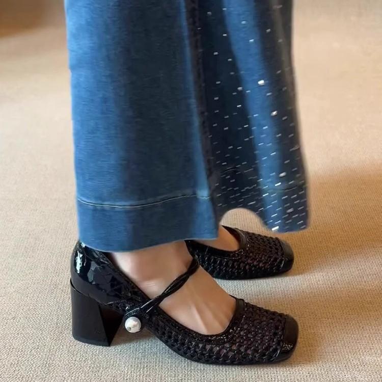 

Sheepskin high heels thick heel new one-word with square head woven breathable Mary Jane shoes versatile single shoes 35