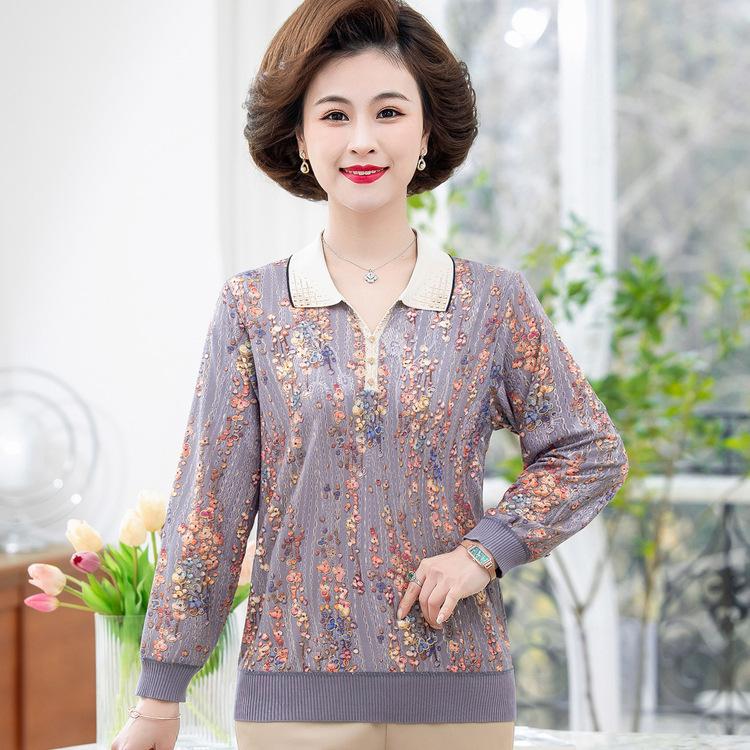 Bluzki damskie Babcine klapy i kwiaty dla osób w średnim i starszym wieku Ubrania dla kobiet Wiosna i jesień Koszulka bazowa matki Nowy styl