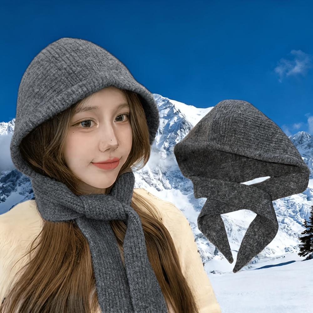 Womens Fall Winter Balaclava Cap Shawl Scarf Integrated Hood Wind Resistant Cozy Ear Neck Protector Knitted Beanie