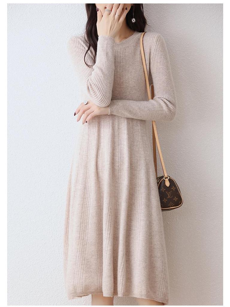 Women's Slim Fit Waist-Cinching Over-the-Knee Knitted Wool Dress - Autumn/Winter Base Layer, Round Neck, New Style