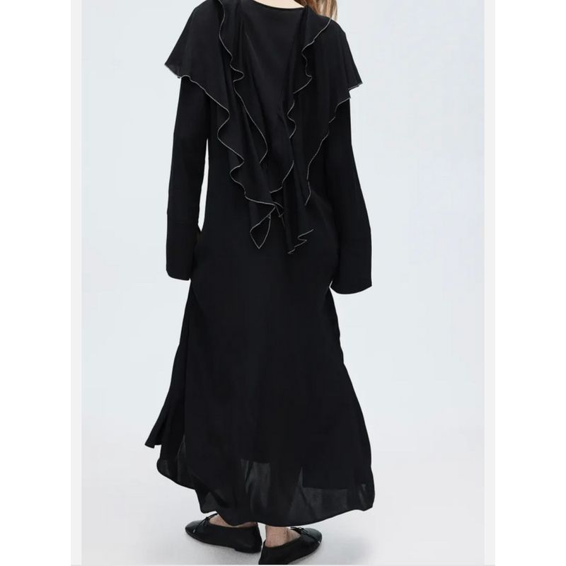 Export H Home Stylish Fashion Long Sleeve Ruffles Special-Interest Design Hepburn Black Elegance Beautiful Casual Dress