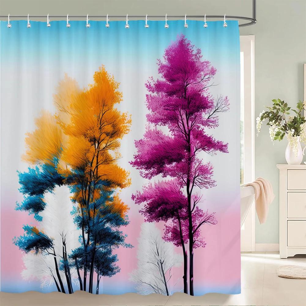 3d Watercolor Tree Shower Curtain Plant Floral Pattern Printed Fabric Waterproof Polyester Bathroom Curtain Decor With Hooks