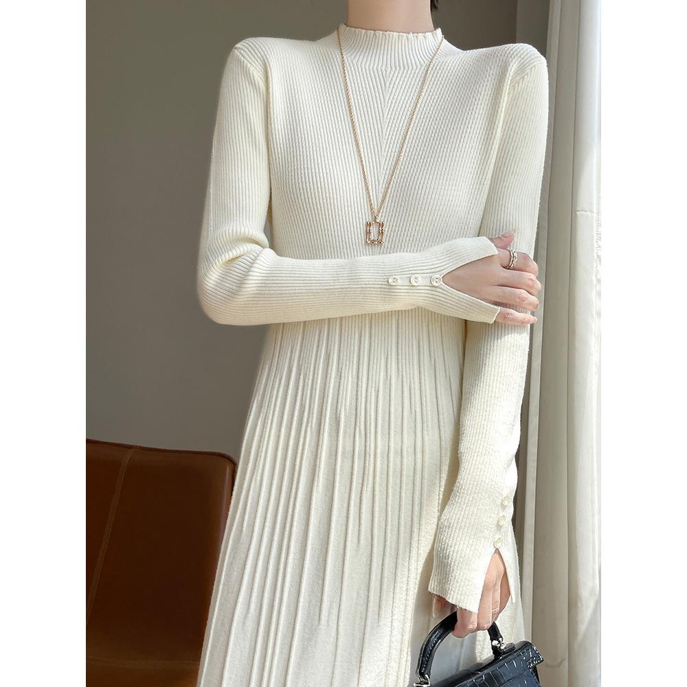 Semi-turtleneck Solid Color Sweater Skirt Autumn and Winter Temperament Versatile Long Dress Slim and Thin a Word Knitted Bottoming Dress Women