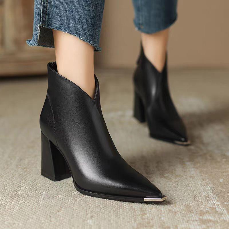 

Coarse heel pointed short boots women s autumn and winter new versatile anti-collision metal iron head soft leather high heel thin fashion boots 41