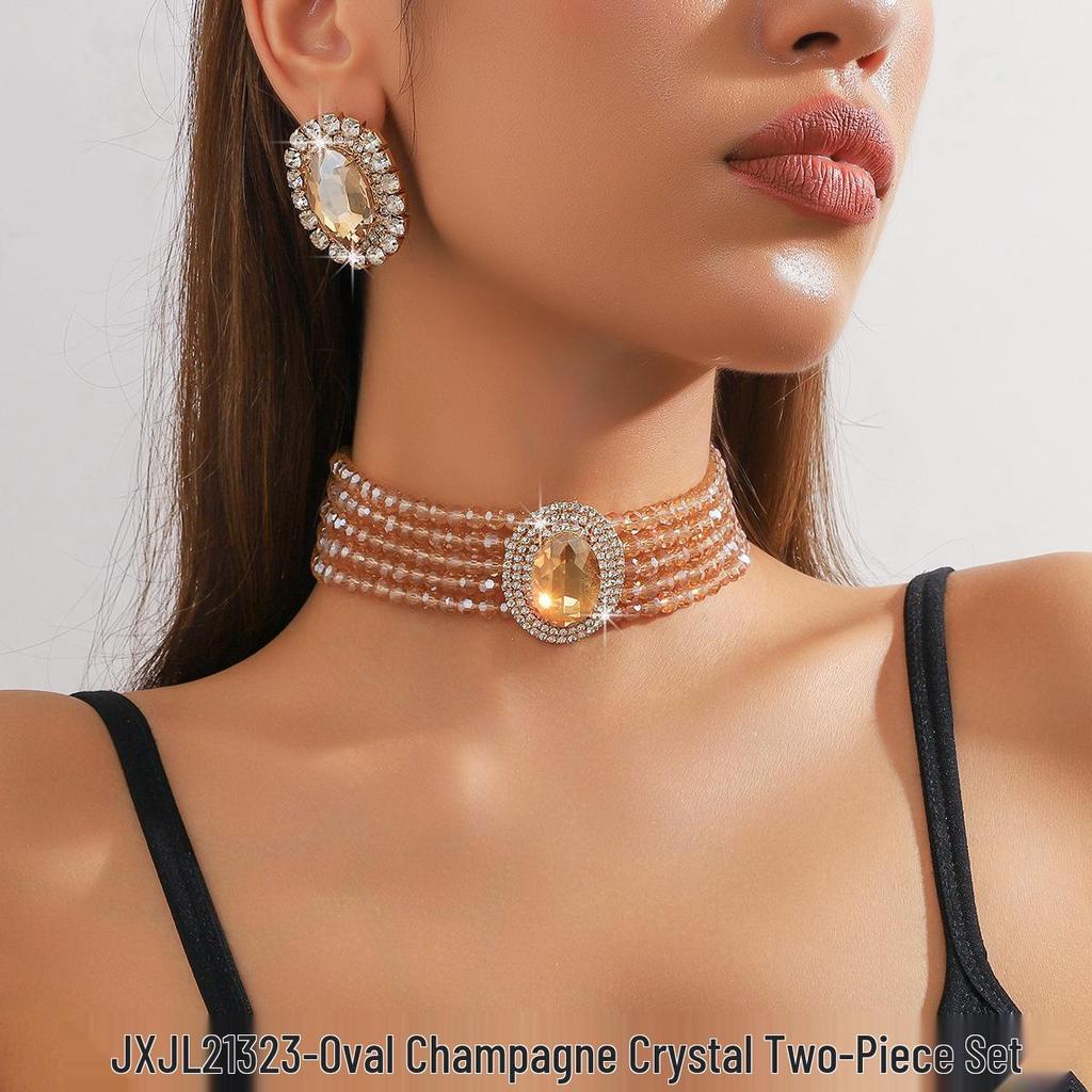 Luxusní vícevrstvý geometrický křišťálový choker a sada barevných náušnic