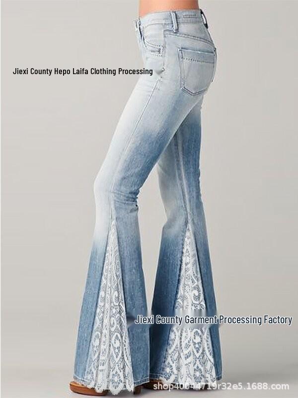 Women's Gradient Lace Patchwork Ruffle Flared Faux Denim Pants