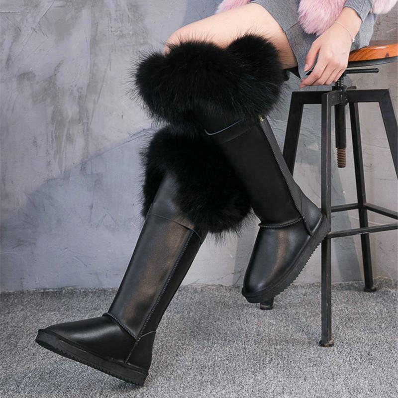 Fashion Snow Natural Fox Fur Snow Boots For Women Raccoon Leather Shoes Real Suede Leather Boots For Women Knee-High Winter Warm Shoes